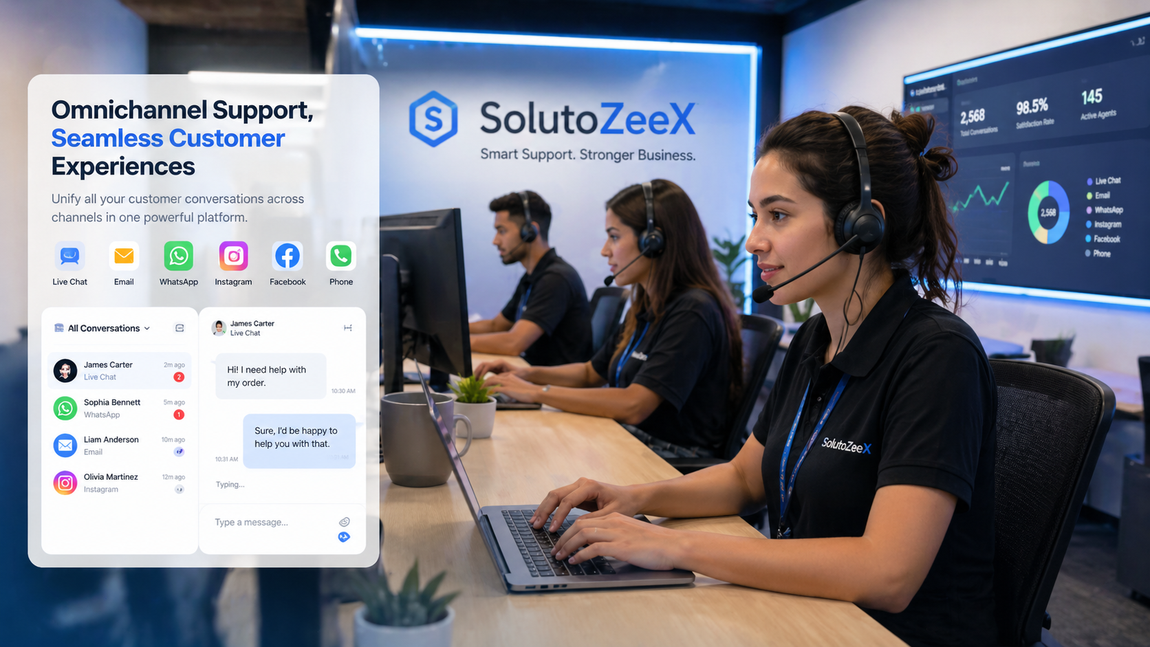 SolutoZeeX customer support team working across support channels